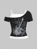 Camiseta de diseño falso de dos piezas estilo retro americano, top de manga corta para mujer con estampado de moda nuevo para el verano 2025, gris