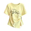 Camiseta de verano elegante para mujer talla grande con cuello redondo, diseño estampado, mangas cortas, entallada en la cintura, efecto adelgazante y abertura irregular