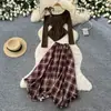 Conjunto de dos piezas a cuadros retro para mujer, top irregular de otoño, falda a cuadros de cintura alta, elegante atuendo para ir al trabajo