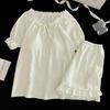 Pijama Nuevo de Verano para Mujer Jacquard Algodón Nube Encaje Manga Corta Shorts Almohadilla de Pecho Fija Dulce Conjunto para Estar en Casa