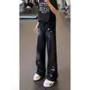 Calça jeans preta com bainha curva bordada em desenho animado para homens e mulheres, vibe americana, desgastada, cintura alta, lavada, perna reta, levemente flare