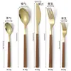 Modelo Nuevo 26 Años Juego de Cubiertos Transfronterizo de Acero Inoxidable con Mango de Madera, Estilo Coreano Ins Estilo Postre Cuchillo para Filete, Tenedor y Cuchara Juego de Tres Piezas