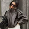 ZA AliExpress mais vendido comércio exterior transfronteiriço estilo europeu e americano elegante jaqueta de couro feminina de manga comprida com gola alta e padrão de lichia