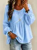 2026 Nuevo Estilo Transfronterizo Estilo Europeo y Americano Ropa para Mujer Color Sólido Cuello Redondo Manga Larga Fruncido Blusa Top Casual Versátil Corte Holgado