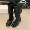 Botas retro de pantorrilla ancha plisadas y apiladas, nuevo estilo coreano otoño e invierno, con cordones, tacón grueso plano, botas de ballet de media pantorrilla