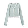 Cardigan de malha falso de duas peças com contraste de cores para meninas quentes, novo outono feminino, manga comprida, decote em V fino, parte inferior curta