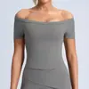 Amazon Tela Cepillada Hombro Caído Ajustado Manga Corta Sensación Nude Cincha la Cintura Ropa Deportiva para Correr Manga Corta Sujetador Ropa de Yoga
