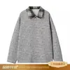 Moletom chenille retrô americano com ombros normais para homens, nova polo casual de manga longa com gola virada e patchwork xadrez outono e inverno