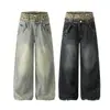 Jia Yi Ku Marca da Moda 2026 Novo Estilo Europeu e Americano High Street Estampa de Leopardo Patchwork Calça Jeans Falsa de Duas Peças Wide-Leg para Homens e Mulheres