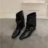Botas Sociais de Couro Macio com Salto Bloco e Bico Quadrado Outono/Inverno 2026 Novas Botas Curtas com Fivela Botas Curtas Slimming Retrô para Tornozelo