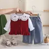 Conjunto de Roupas para Meninas 26 Novo Pequeno e Médio Crianças Outono Camisa com Gola de Renda Colete Suéter Gatinho Roupa de Bebê Conjunto de Três Peças