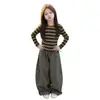 Conjunto Casual de Otoño para Niñas: Conjunto de Dos Piezas para Niñas: Camiseta de Manga Larga con Rayas Otoñales y Pantalones Cargo Holgados de Pierna Ancha