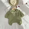 Verão 2026 Novo Tricô Texturizado Cruzado Casual Gola Polo Patchwork Renda Bordada Top