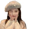 Gorra para Mujer Etiqueta Dorada Elegante Boina de Terciopelo de Cordero Calidez Otoño e Invierno Realza el Rostro Circunferencia de Cabeza Pequeña Grande Sombrero de Pintor Versátil Tendencia