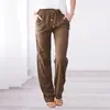 Pantalones Largos Casuales Holgados de Pierna Ancha con Cordón de Color Sólido de Algodón y Lino para Mujer Estación Independiente Pantalones de Pierna Ancha de Comercio Exterior
