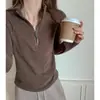 Camiseta de manga larga de lana Tencel de alta calidad para mujer, engrosada y cepillada para otoño e invierno, con diseño de media cremallera, top moderno y elegante