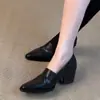 Primer Encuentro Temporada Estilo Retro Británico Mocasines de Piel para Mujer, Zapatos de Tacón Alto sin Cordones para el Trabajo, Zapatos Planos de Punta Aguda con Tacón Grueso