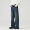 Pantalones Vaqueros Rectos de Cintura Semi-elástica Estilo Coreano para Hombre # Cuatro Estaciones Hombres y Mujeres Lavados Vintage de Pierna Ancha Largos