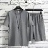 Verão masculino esportes casual shorts plissados manga curta terno fino solto respirável manga curta T-shirt calças terno