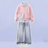 Moda de Primavera y Otoño para Niñas Elegante Individual Rayas Patchwork Cuello Polo Falso Dos Piezas Top Estilo Coreano Conjunto de Jeans Tendencia