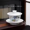 Juego de té de porcelana azul y blanco de tamaño grande, que incluye una taza de té con tapa, una tetera de porcelana blanca y un cuenco de té para servir el té.