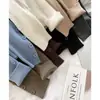 Camiseta térmica de punto negra para mujer con cuello medio alto, un top de manga larga ajustado que realza la figura para otoño e invierno, un suéter de punto