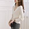 Suéter de punto con cuello en V cruzado en el pecho para mujer, camisa base ajustada, versátil, aspecto adelgazante, manga larga, primavera y otoño, blanco, talla única, gris