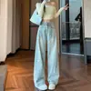 Jeans largo azul claro bordado com cachorrinho para mulheres, novo modelo outono 2026, calça reta solta de cintura alta comprida