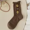 Calcetines de estilo retro coreano con patrón de rombos y lazo para mujer, de media pantorrilla, versátiles, sin costuras, calcetines de algodón estilo universitario, calcetines superpuestos, algodón peinado
