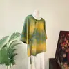 Zhi LiNova Blusa Jacquard Paisagem Pintada Estilo Chinês Gola Redonda 26 Verão Novo Modelo Solta Top Artístico com Meia Manga