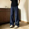 Pantalones casuales de verano para hombre, de seda de hielo, transpirables, de secado rápido, con estampado de cuadros azul marino y retazos, de pierna recta retro, ligeramente acampanados