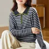 Camiseta Base de Punto Bordada Rayada con Cuello de Muñeca Estilo Nuevo 2026 para Mujer, Top Elegante Talla Grande para Mujer, Suéter de Otoño e Invierno