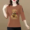 Superávit de comercio exterior transfronterizo, blusas para mujeres de mediana edad y mayores, talla petite, corte holgado, estampadas, versátiles, camiseta de manga tres cuartos