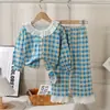 Conjunto de Algodão Elástico de Manga Longa para Primavera e Verão Infantil Cardigã de Renda Fofo de Manga Longa para Bebê Roupas de Casa Roupas de Ar Condicionado para Bebê Masculino
