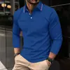 Camisa Polo Masculina de Manga Longa Nova Europeia e Americana Cor Sólida Estampa 3D Casual de Negócios Gola Lapela Polo Respirável