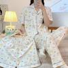 Pijama de verão fofa e divertida de gatinho coreano estilo check-ins para mulheres, manga curta, casual, doce, três peças, roupa de casa para atacado