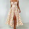 Nuevo Vestido de Tirantes Estilo Verano Bajo Escote Atado Abertura Cintura Alta Estampado de Frutas Fresco y Dulce