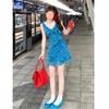 Vestido Petite Azul Floral con Cuello en V para Mujer Verano 2025 Nuevo Talla Grande Gordo mm Hermoso Estilo Vacacional Falda Corta