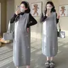 Outono/Inverno 2025 Novo Vestido Regata Midi Pesadamente Bordado com Laço Redutor de Idade Camisa Base com Gola Alta Conjunto Maternidade