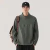 Sudadera con cremallera a la mitad texturizada estilo americano para hombre 2026, primavera y otoño, cuello alto, corte holgado, color liso, camiseta básica casual de manga larga