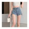 Shorts Jeans de Cintura Alta, Corte A, Perna Larga, com Cordão, Design Único para Mulheres, Emagrecimento, Novo 2023 Primavera/Verão, Hot Pants de Corte Reto