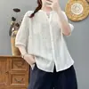 Elegante Camisa Blanca de Manga Media y Cuello en V para Mujer, Holgada y Versátil, Camisa Casual Delgada Transpirable, Camisa de Manga Corta Estilo Perezoso