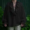 En Stock 2019 Wish Amazon Vintage Camisa de Color Sólido para Hombre con Cuello de Solapa, Camisa Fruncida, Mangas Abullonadas C106 Lino