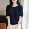 Camiseta feminina de algodão puro com gola redonda, blocos de cor e manga curta, nova coleção primavera/verão 2026, camiseta regata simples e versátil com contraste de cores para mulheres