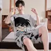 Pijama Masculino de Verão, Shorts de Manga Curta, Estilo Cartoon Solto para Estudantes Plus Size, Conjunto Casual para Casa Juvenil