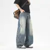 Jeans anchos de retazos de moda para hombre, lavado degradado estilo americano, pierna recta, hasta el suelo, silueta deconstruida, corte holgado