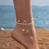 Tobillera tejida de aleación con colgante de estrella estilo bohemio vacacional, con turquesa, concha de estrella de mar, juego de 2 piezas unisex