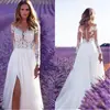Nuevo Vestido de Novia de Encaje Transparente con Mangas Largas Sexy, Estilo Europeo y Americano, Vestido de Dama de Honor con Abertura y Falda Larga para Mujer