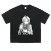 Camiseta de manga curta, preta lavada e desgastada com estampa de anime, solta, oversized, estilo high-street, algodão pesado, manga longa