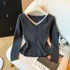 Top de Punto con Cuello Solapa de Encaje Patchwork Cuello en V Manga Larga Estilo Coreano para Mujer 2026 Otoño/Invierno Nuevo Delgado Versátil